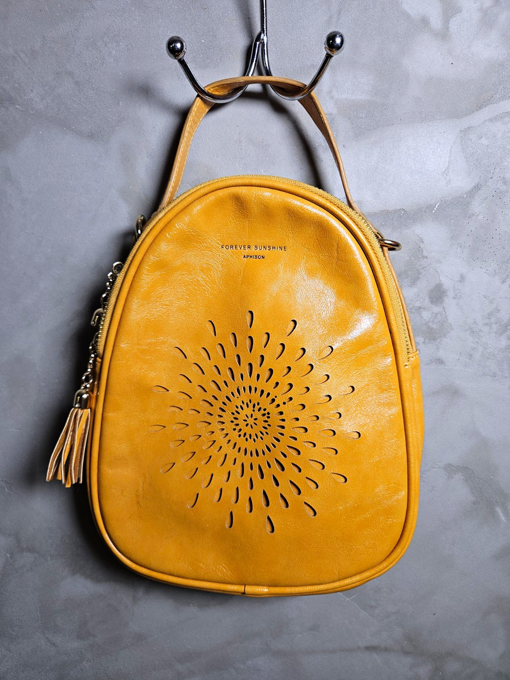 Aphison Yellow Crossbody/Backpack Convertible Bag With 3 Zipper Compartments